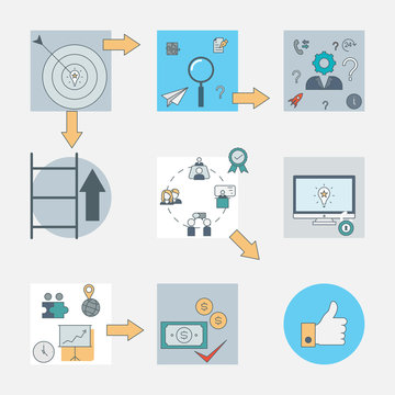 Flat line design with outline icons of global business strategy,