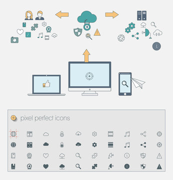 Concept of cloud computing and protecting data. Thin line icons