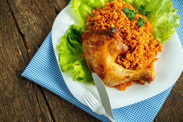Tasty dish of chicken thigh with rice