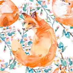 Wildlife pattern. Fox and flowering branches. Vector. - 102339124