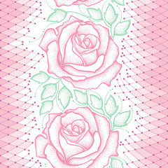 Seamless pattern with dotted pink roses, green leaves and decorative lace on the white background. Floral background in dotwork style.