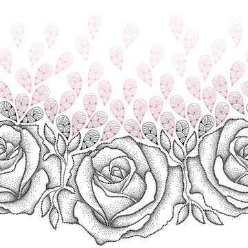 Seamless pattern with dotted black roses, leaves and stylized pink petals on the white background. Floral background in dotwork style.