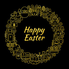 Happy Easter Gold Black Line Art Icons Circle