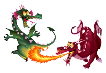 Fotobehang Grappige draken spelen met vuur © ddraw