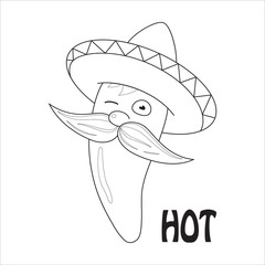 Coloring book with funny colorless chili pepper in sombrero.