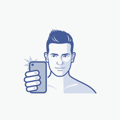 Taking self portrait - selfie - with his smart phone 