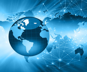 Best Internet Concept of global business. Globe, glowing lines on technological background. Electronics, Wi-Fi, rays, symbols Internet, television, mobile and satellite communications