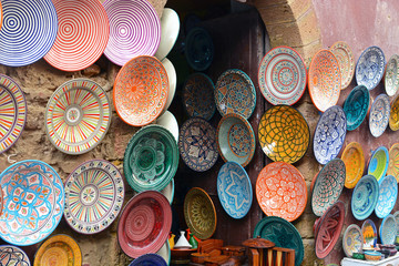 Essaouira, Morocco -  January 6, 2016: Traditional arabic handcrafted, colorful decorated plates shot at the market