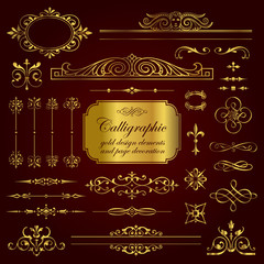 Calligraphic elements and page decoration in gold - vector set for design