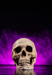 Human skull head with smoke