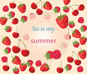Cherry, strawberry and raspberry Summer background fruits. Vector