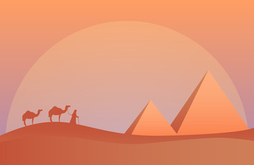Vector illustration of landscape in savanna, Camel caravan at pyramids in sunset.  Scenic view of desert with nature trees, sky, mountains and wild nature. 