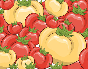 Red and yellow tomatoes background. Vector