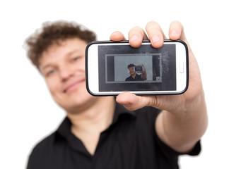 man with phone on a white background