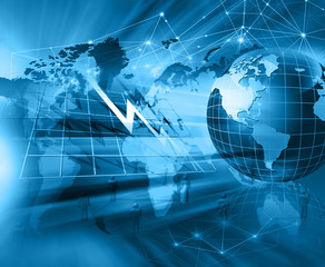 Best Internet Concept of global business. Globe, glowing lines on technological background. Electronics, Wi-Fi, rays, symbols Internet, television, mobile and satellite communications