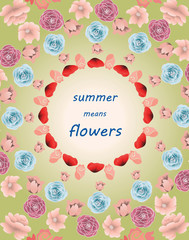 Fototapeta na wymiar Summer colorful multiple flowers circle pattern. Vector