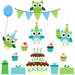 Fototapeta premium Party owls blue set