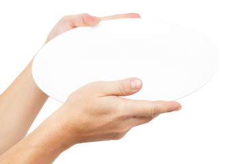 white plate in his hand on a white background © schankz