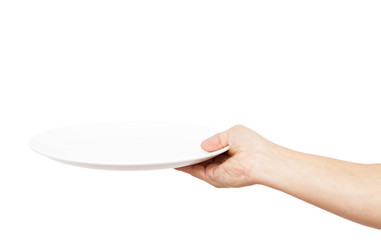 white plate in his hand on a white background