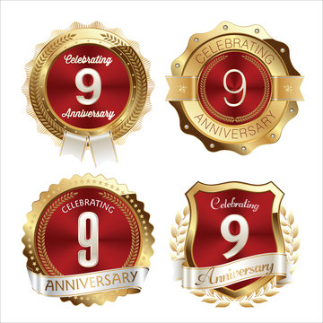 Gold and Red Anniversary Badges 9th Years Celebration