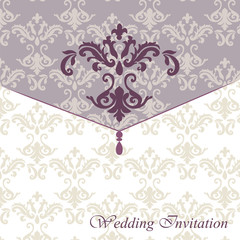 
Classic luxury invitation card with damask ornament in red. Vector