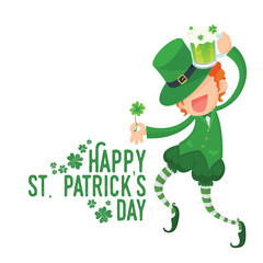 Vector Illustration of Happy Leprechaun Holding Four-Leaf Clover and Green Beer for St. Patrick's Day Card