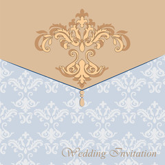 Classic luxury invitation card with damask ornament in golden. Vector