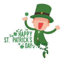 Vector Illustration of Happy Leprechaun Holding Four-Leaf Clover for St. Patrick's Day Card