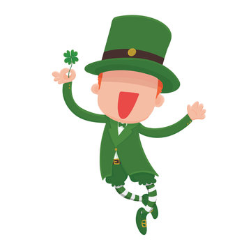 Vector Illustration of a jumping, smiling cartoon leprechaun holding a four-leaf clover for St. Patrick's Day.