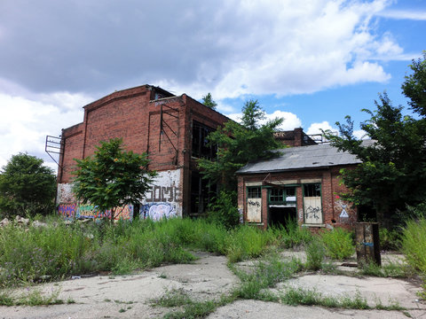 Abandoned brick warehouse building exterior view - landscape photo