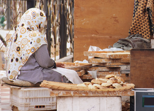 Muslim Arab Woman Baking Bread, Preparing Cakes