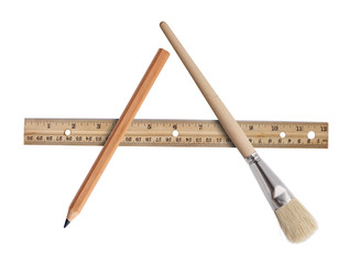 Wooden pencil,brash and ruler