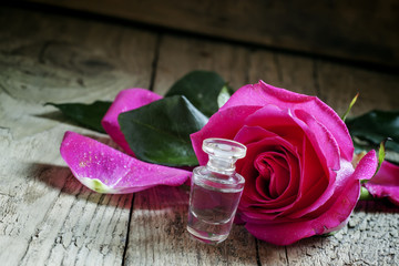Rose essential oil in a small bottle and pink rose with drops on