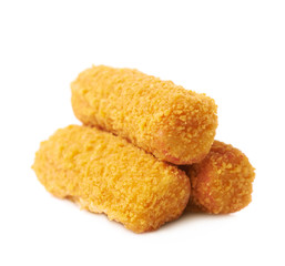 Pile of breaded crab sticks isolated