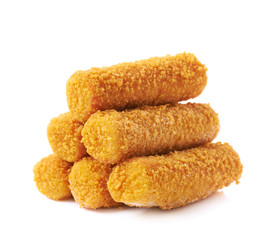 Pile of breaded crab sticks isolated