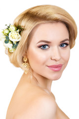 Fototapeta premium beauty portrait of a beautiful blonde with beautiful make-up isolated on white.