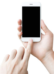 Man hand touch holding the white smartphone.