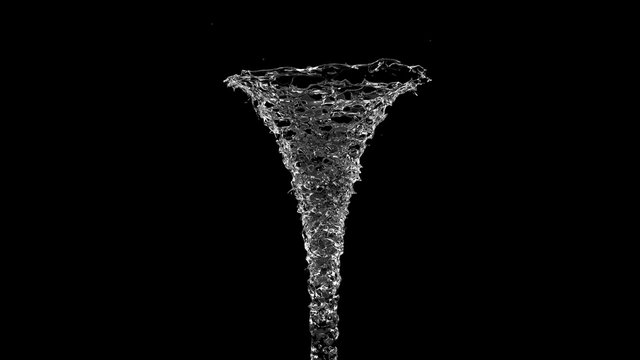 4k slow motion 3d vortex water fountain on black background with alpha matte