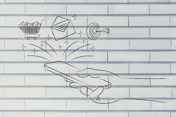 email, cart & target coming out of a smartphone screen