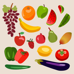 Vector collection of fruits and vegetables.