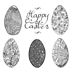 Ornamental hand drawn sketch of easter eggs in zentangle style. vector illustration with ornament and lettering happy easter, isolated