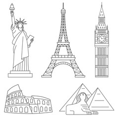 World Landmarks, Eiffel Tower, Statue of liberty, Big Ben, Colosseum, Sphinx. Vector line icons set.