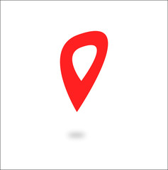 Red geo pin as logo with copy space on white. Geolocation and navigation. Icon for mobile and electronic devices, web design, infographic elements, presentation templates.