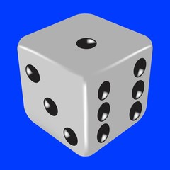 Vector illustration of grey dice with 1-3-6 dots. Blue background.