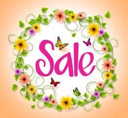 Spring Sale in a Circle Wreath of Colorful Flowers, Vines and Leaves with Flying Butterflies for Spring Seasonal Promotion. 3D Realistic Vector Illustration
