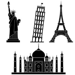 Obraz premium World Landmarks Statue of liberty, Eiffel Tower, Leaning Tower of Pisa, Taj Mahal . Vector flat icons set.