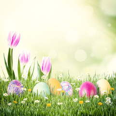 Easter Vintage Background with Eggs and Flowers