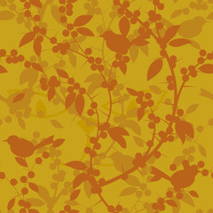 Seamless pattern of Blackthorn berries and birds