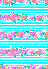 little pink roses on a blue stripe ~ seamless background