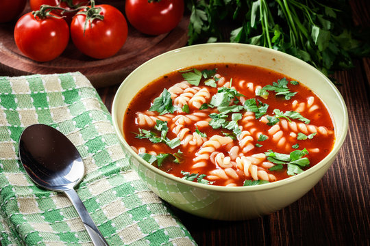 Tomato soup noodles in the bowl